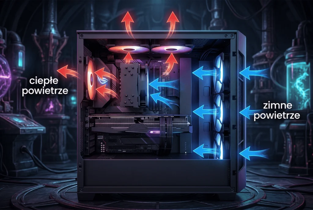 Airflow w obudowie gamingowej z frontem mesh Airflow w obudowie komputera gamingowego z frontem mesh – prawidłowy przepływ zimnego i ciepłego powietrza