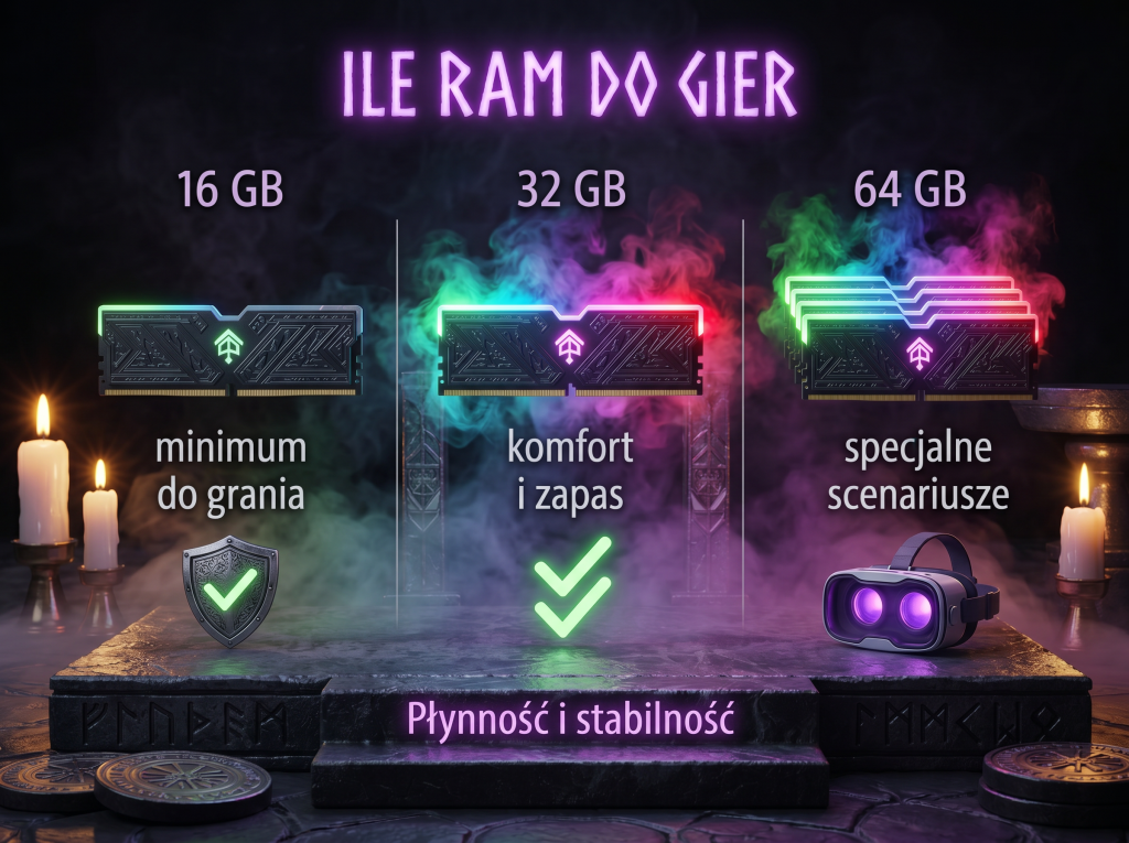 Ile RAM do gier? 16, 32 czy 64 GB w 2026 roku Porównanie ilości pamięci RAM do gier – 16, 32 i 64 GB. Grafika pokazuje, kiedy dana konfiguracja ma sens i jak wpływa na płynność oraz stabilność grania.