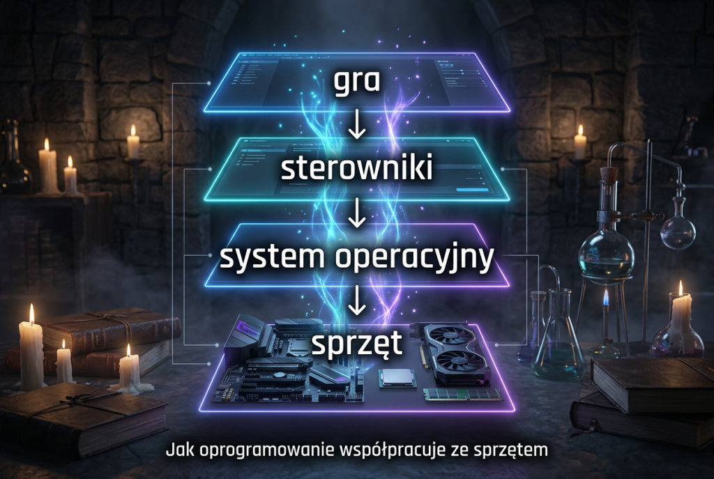 Jak oprogramowanie współpracuje ze sprzętem komputera Schemat pokazujący zależność między grą, sterownikami, systemem operacyjnym i sprzętem komputera gamingowego.