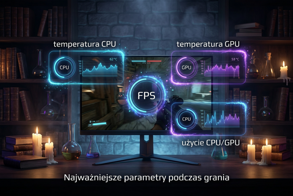 Monitoring temperatur i FPS w komputerze gamingowym Panel monitorowania temperatur CPU i GPU, liczby FPS oraz użycia podzespołów podczas grania na komputerze gamingowym.
