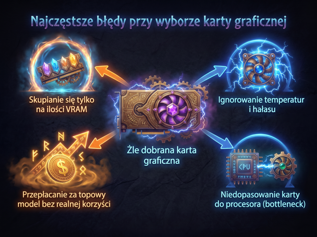 Najczęstsze błędy przy wyborze karty graficznej Najczęstsze błędy przy wyborze karty graficznej do gier, takie jak skupianie się tylko na VRAM, ignorowanie temperatur, przepłacanie oraz brak balansu z procesorem