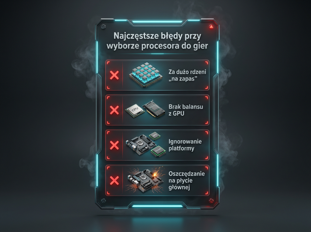 Najczęstsze błędy przy wyborze procesora do gier Lista najczęstszych błędów przy wyborze procesora do gier, takich jak brak balansu z kartą graficzną czy wybór zbyt wielu rdzeni