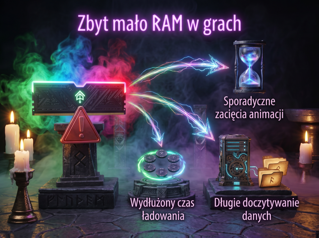 Zbyt mało RAM w grach – najczęstsze problemy Grafika pokazująca skutki zbyt małej ilości pamięci RAM w grach, takie jak przycięcia animacji, długie czasy ładowania oraz doczytywanie danych w trakcie rozgrywki.