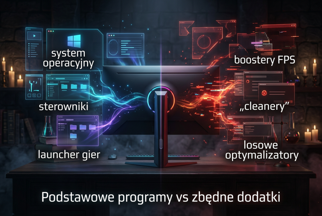 Podstawowe programy vs zbędne dodatki w komputerze gamingowym Porównanie podstawowych programów komputerowych, takich jak system, sterowniki i launchery gier, ze zbędnymi boosterami FPS i optymalizatorami.