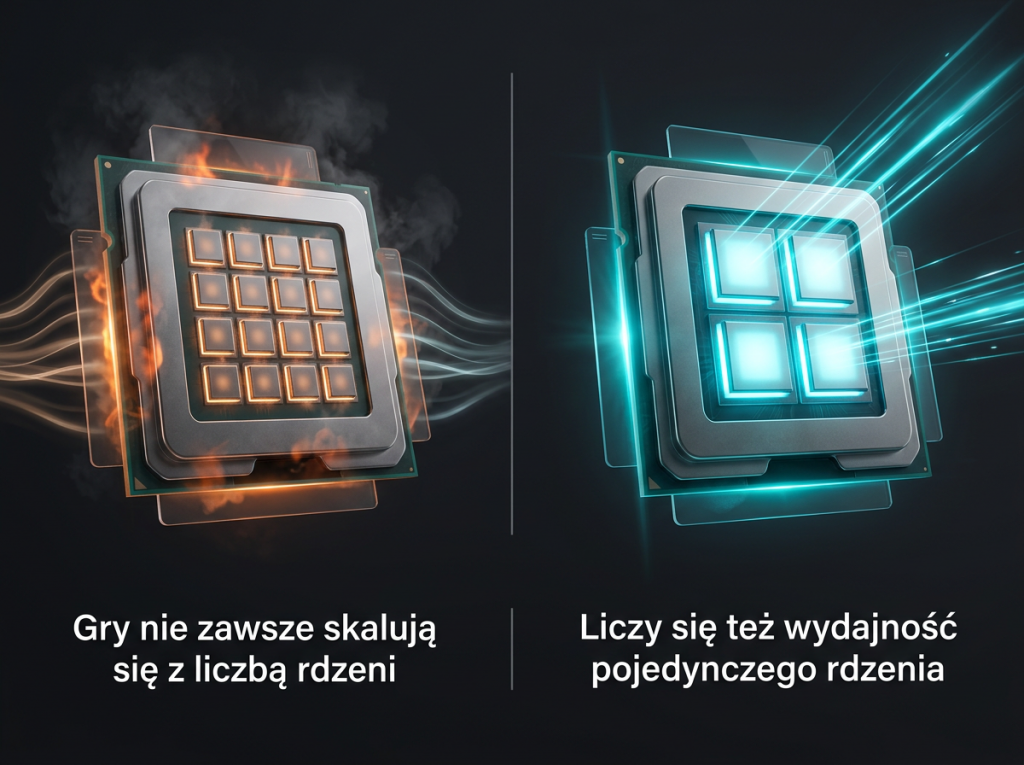 Liczba rdzeni i taktowanie procesora a wydajność w grach Porównanie procesorów pokazujące, że w grach liczy się nie tylko liczba rdzeni, ale także wydajność pojedynczego rdzenia