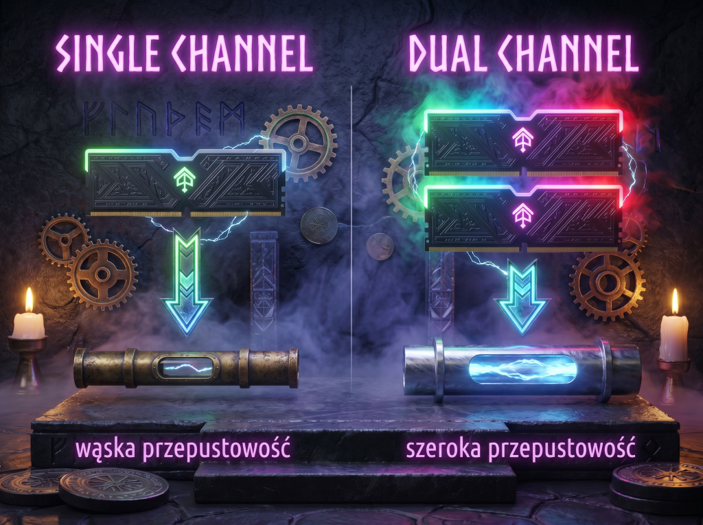 Single channel vs dual channel – konfiguracja pamięci RAM w grach Grafika porównująca single channel i dual channel w pamięci RAM, pokazująca różnice w przepustowości oraz wpływ konfiguracji RAM na płynność działania gier.